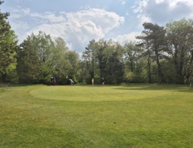 Terrain de golf verdoyant avec plusieurs golfeurs en action sur le green. L'arrière-plan est composé d'arbres feuillus sous un ciel partiellement nuageux, créant une atmosphère paisible et naturelle. Les joueurs se concentrent sur leur putting, illustrant l'esprit compétitif et la convivialité du golf. Cette image met en avant une belle journée de golf en plein air, idéale pour les amateurs de ce sport.