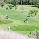 Deux golfeurs évoluent sur un parcours verdoyant, entourés d'arbres et de buissons. L'un d'eux porte un chapeau bleu et pousse un chariot de golf, tandis que l'autre s'apprête à frapper sa balle. Le paysage ensoleillé met en valeur la beauté du golf en pleine nature, offrant une expérience relaxante et sportive. Cette image illustre parfaitement la passion pour le golf et les activités de plein air.