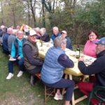 Repas convivial en plein air avec un groupe de personnes âgées réunies autour d'une grande table. L'ambiance est chaleureuse, les convives savourent des plats et des boissons tout en échangeant des sourires et des rires. La scène se déroule dans un cadre naturel, entouré d'arbres, parfait pour une sortie en groupe. Idéal pour des événements communautaires ou des repas de groupe, favorisant la sociabilité et le partage.