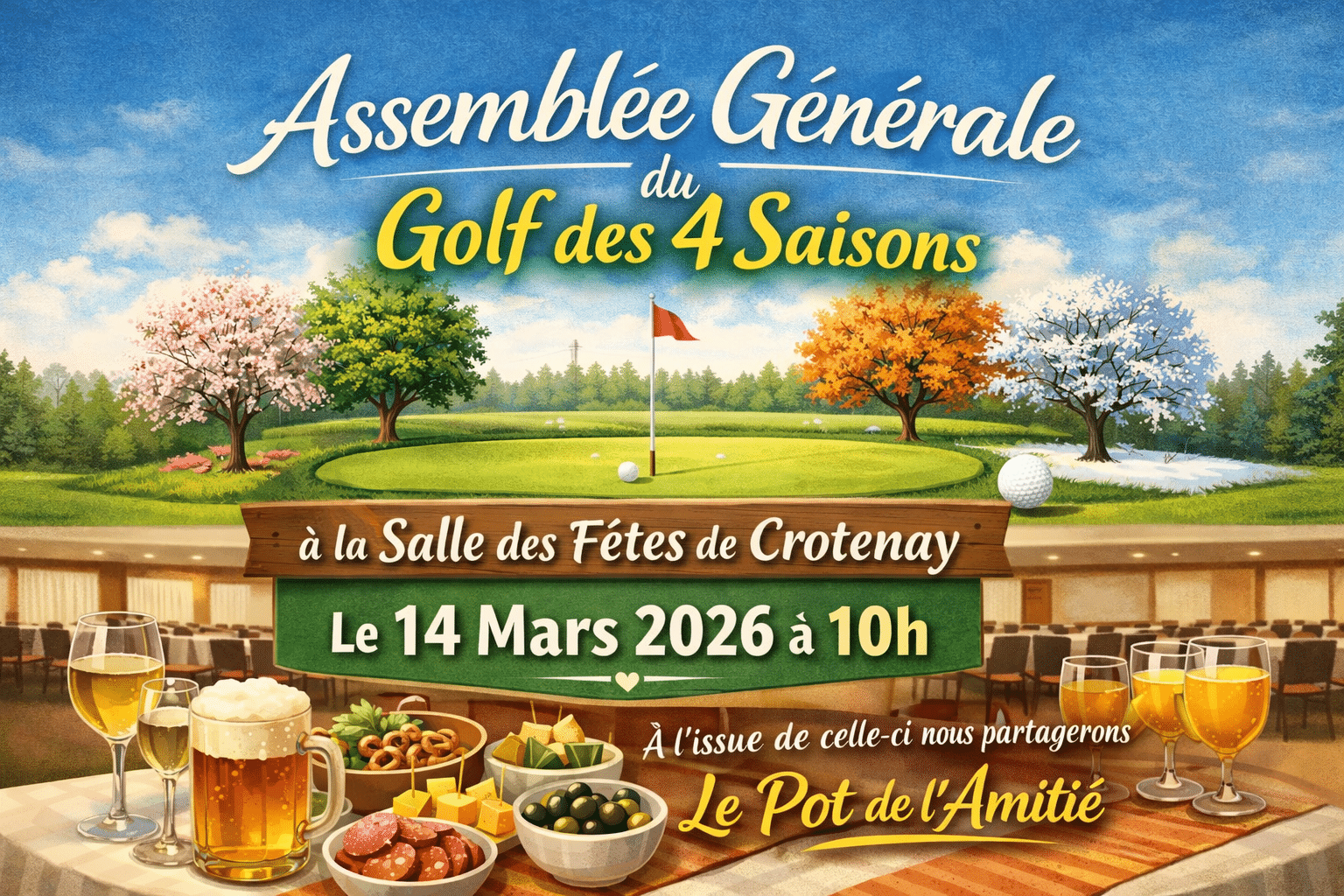 Assemblée Générale du Golf des 4 Saisons, se tenant à la Salle des Fêtes de Crotenay le 14 mars 2026 à 10h. Cet événement inclut un moment convivial appelé le Pot de l'Amitié, permettant aux participants de se retrouver autour d'un verre et de collations dans une ambiance festive, tout en profitant d'une vue sur un parcours de golf illustré avec des arbres représentant les différentes saisons.