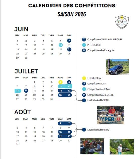 Calendrier des compétitions pour la saison 2026, incluant les événements prévus en juin, juillet et août. En juin, plusieurs compétitions telles que le Carrelage Reboute et le Pitch & Putt sont programmées. Juillet met en avant la fête du village, la compétition AUDI et d'autres événements à définir. En août, les Estivales HYPER U se dérouleront, offrant des activités variées. Ce calendrier est essentiel pour les participants et