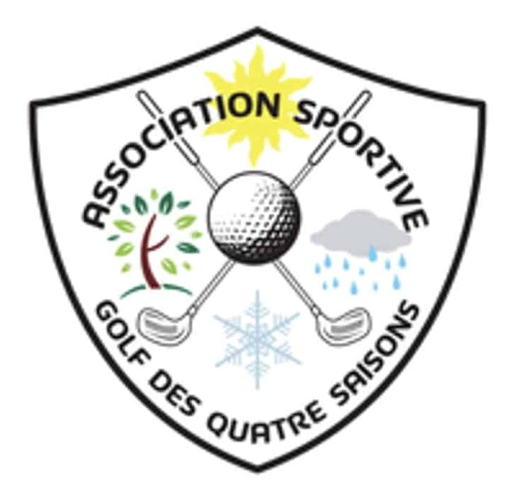 Logo de l'Association Sportive Golf des Quatre Saisons, représentant un écusson avec des éléments symbolisant les quatre saisons : soleil, arbre, nuages et flocons de neige. Le logo met en avant la passion du golf tout au long de l'année, illustrant l'engagement de l'association envers ses membres et la promotion de ce sport.