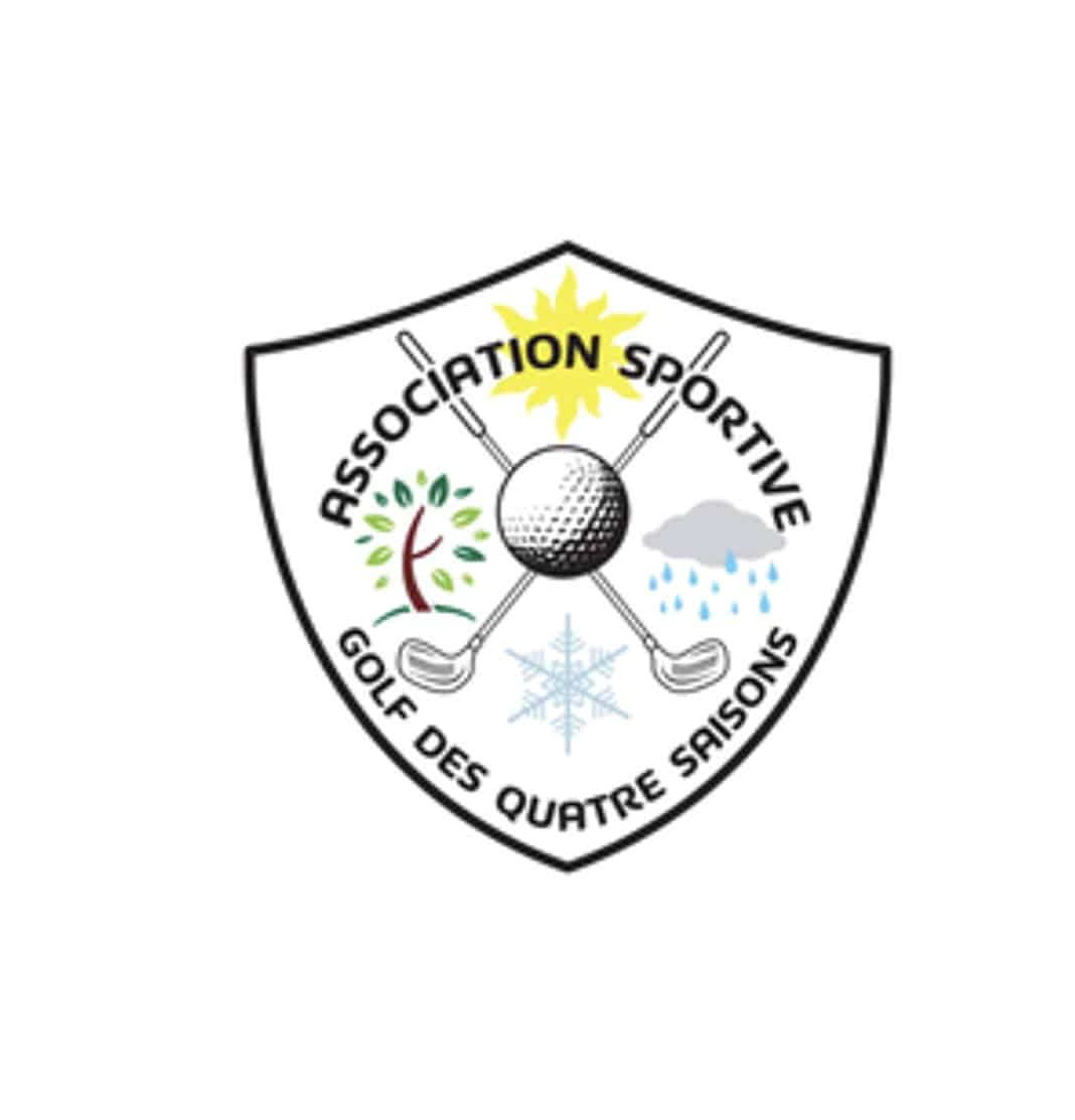 Logo de l'Association Sportive Golf des Quatre Saisons, représentant un écusson avec des éléments symbolisant les quatre saisons : soleil, arbre, nuages et flocons de neige. Le logo met en avant la passion du golf tout au long de l'année, illustrant l'engagement de l'association envers ses membres et la promotion de ce sport.