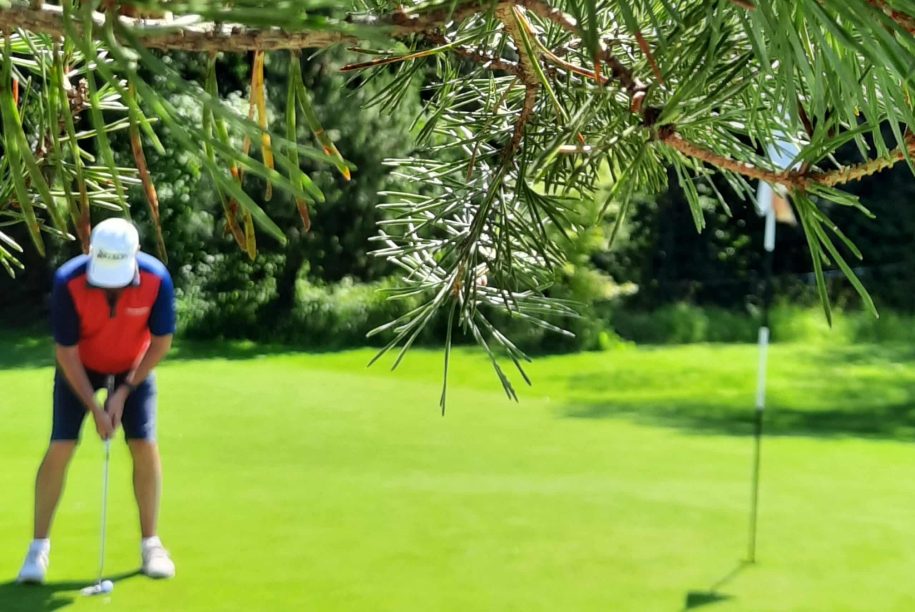 Un golfeur en train de putter sur un green bien entretenu, entouré d'un paysage verdoyant et ensoleillé. Des branches de conifères encadrent l'image, ajoutant une touche naturelle à la scène. En arrière-plan, un drapeau de golf indique la position du trou, soulignant l'atmosphère sereine d'un parcours de golf. Cette image évoque la passion du golf et les plaisirs d'une journée sur le terrain.